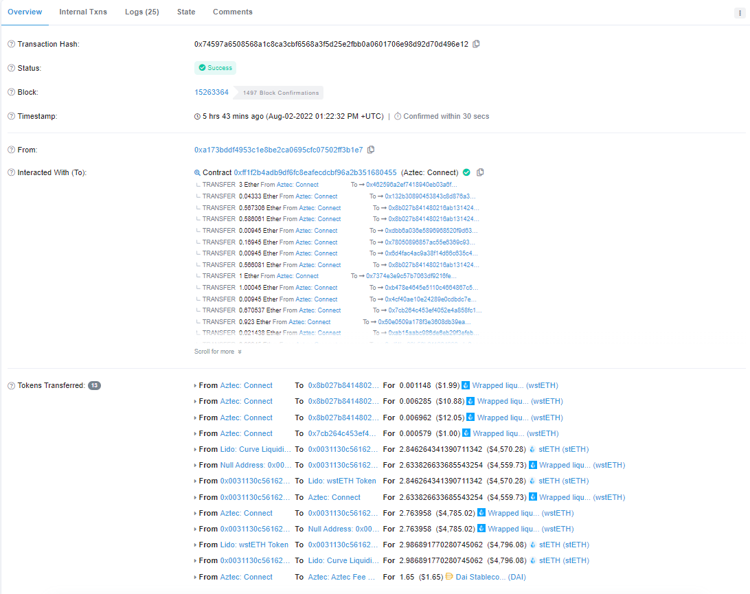 Batched transactions with Aztec Connect. source: Etherscan